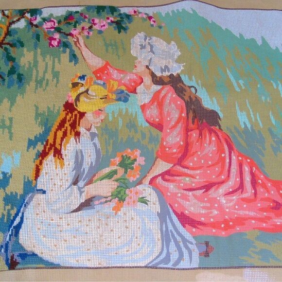 Vintage 1976 Needlework Canvas SPADEM Paris Girls Picking Flowers After Renoir - Picture 1 of 8